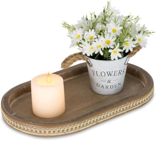Hanobe 15" Vintage Wood Decorative Tray for Coffee Table Decor, Beaded Edge by Hanobe
