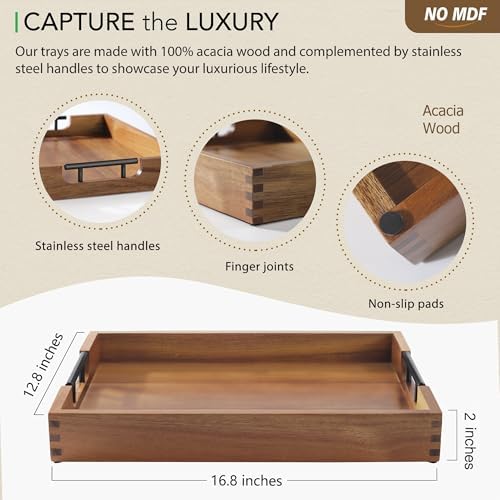 Joy&Grace Acacia Wood Ottoman Tray with Handles 16.7" x 12.8" - Image 3