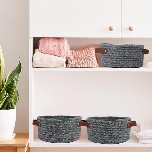 Small Woven Cotton Rope Basket with Leather Handle, Grey - Image 7