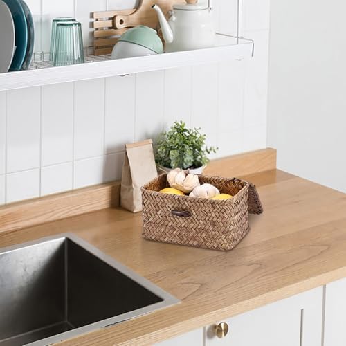 Hipiwe Small Wicker Basket with Lid Woven Seagrass Organizer, 6.1"x 4"x3.3" - Image 5