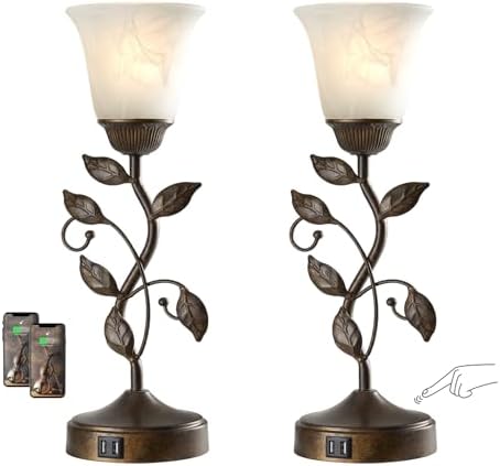 Set of 2 Touch Farmhouse Bedroom Table Lamps 2 USB C+A by RORIANO