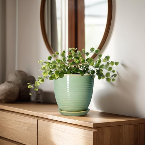 Ceramic Plant Pots - 6 Inch Ceramic Planter with Drainage Hole and Saucer, Modern Planters for Indoor Outdoor Plants, Round Flower Pots, Office House Decor, Gifts for Women Men, Bright Green - Image 3