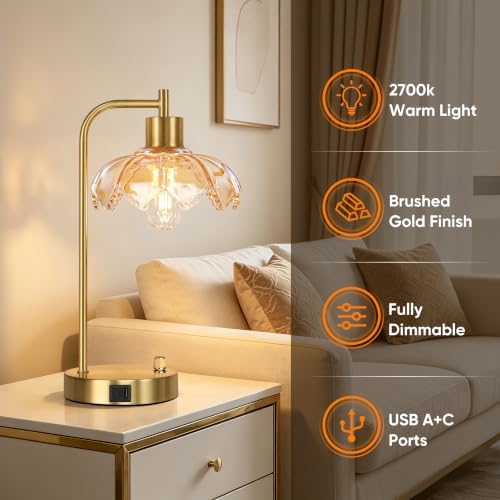 Glass Table Lamps Set of 2, Champagne Dimmable Bedside Lamps for Bedroom - Image 5