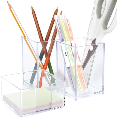 3 Pcs Acrylic Pen Pencil holder and Sticky Note Holder,Clear Desk Organizer,Desk Accessories for Office School Home by FIMXSD