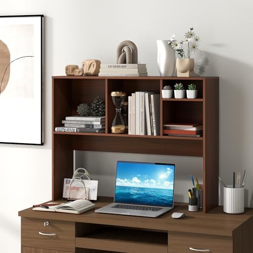 GIANTEX Desktop Bookshelf, Countertop Storage Hutch with 4 Shelves for Computer Desk, Dressing Tabletop Display Rack, Multipurpose Desk Hutch Storage Organizer for Home Office Dorm (Walnut) - Image 2