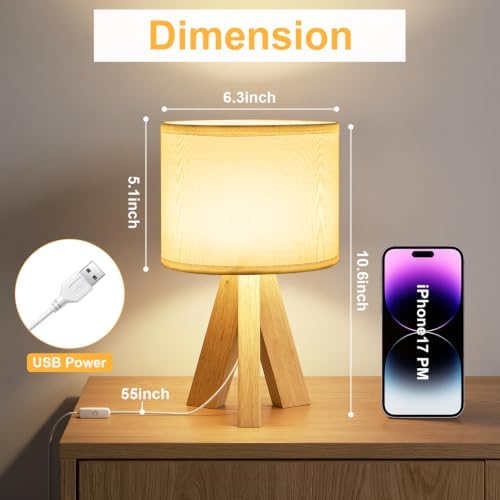 Tripod Table Lamp Small Bedside Lamp with White Fabric Shade, Mid Century Modern Nightstand Lamp for Bedroom Living Room Office Nursery, Wooden Legs(Cylindrical) - Image 4