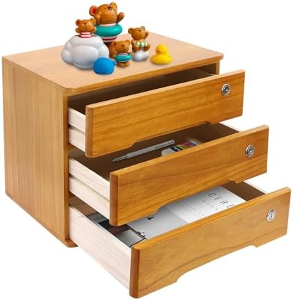 Wooden Desktop Storage Box with Lockable Drawers, Flat File Cabinet Drawer Desktop Storage Box, Countertop Storage Cabinet for Office Home Toiletries Supplies Vanity (Wood yellow, 3 Drawer) by LKOEWQZAMX