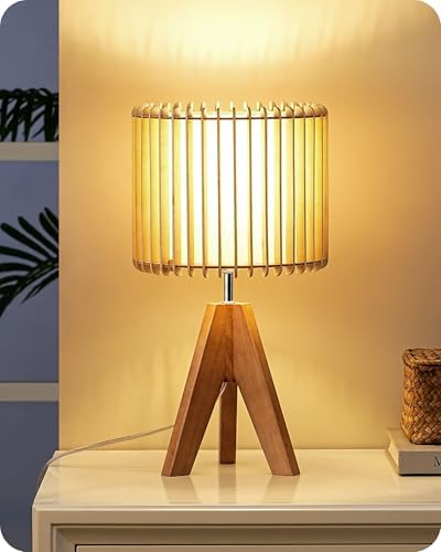 EDISHINE 14.17" Small Table Lamp, Wood-Colored Hollow Shade, E26 Base by EDISHINE
