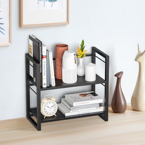 Office Desk Shelf Organizer, Wood Desktop Bookshelf Supplies Storage Rack, Shelf for Top of Desk and Dresser (Pure Black-2 Tier) - Image 2