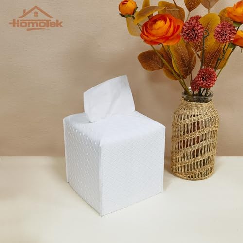 HOMOTEK 2 Pack Tissue Box Cover,PU Leather Tissue Holder,Square Decorative Facial Tissue Cube Paper Organizer Dispenser for Bathroom, Night Stands, Desk, Car 5X5X5'' - Woven Waffle, Pure White - Image 5