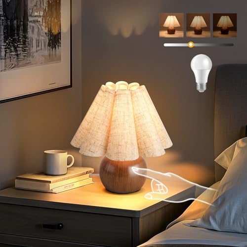 Wood Grain Touch Control Table Lamp for Bedroom,Farmhouse Cute Small Table Lamp for Bedroom Nightstand, Mini Vintage Bedside Lamps with Scalloped Shade for Small Spaces, Kitchen Counter, Bookshelf by Unknown