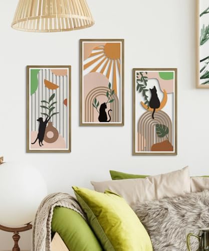 Putuo Decor Boho Wall Decor Set of 3, Abstract Boho Cat Wall Art, Mid Century Modern Black Wall Decr for Cat Lovers Home Bedroom Living Room Office - Image 5