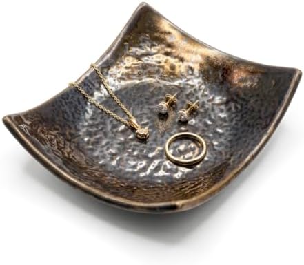 Ceramic Jewelry Dish, Gold Glaze, Raised Corner Tray by Unknown