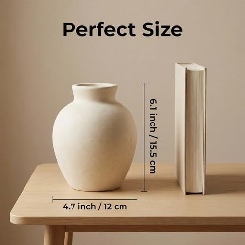 Rustic Terracotta Pot, Off-White Ceramic Flower Vase 6.1 Inch, Farmhouse Boho Centerpiece for Home Decor, Living Room, Table, Shelf, Mantel & Bathroom - Image 5