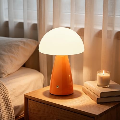 Mushroom Lamp Glass Rechargeable Battery Operated Mushroom Table Lamp Orange LED Vintage Modern Cordless Small Lamp Retro Dimmable Bedroom Nightstand Bedside Decor Aesthetic Home Birthday Gift by LOZNDA