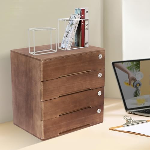 Wooden Desktop Storage Box with Lockable Drawers, Flat File Cabinet Drawer Desktop Storage Box, Countertop Storage Cabinet for Office Home Toiletries Supplies Vanity (Walnut, 4 Drawer) - Image 4