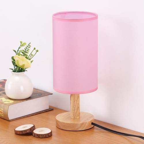 Pink Small Bedside Table Lamp for Bedroom,Natural Round Wood Base&Fabric Linen Shade,Cozy Night Table Light for Study Reading,Minimalist Boho Desk Lamp for Nightstand,Living Room,Nursery,Kitchen,Dorm by SEENSINY