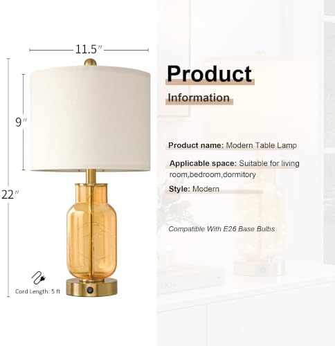 Oneach 22" Glass Table Lamps Set of 2 with Night Light for Bedroom, Amber - Image 6