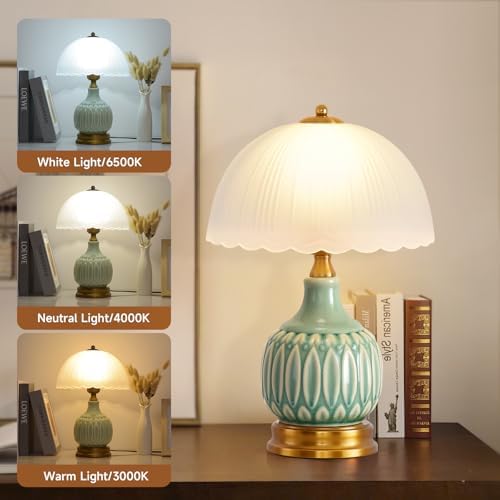 Table Lamps Ceramic Retro Lamp for Living Room,15." Modern Bedside Nightstand Traditional Lamps, Classic Chinoiserie Green Glass Lamp for Home (Retro) - Image 4