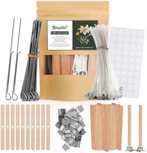 Candle Making Supplies Kit - Natural Cotton & Wooden Wicks with Stickers, Sustainers, Holders for Soy Wax, Beeswax, Coconut Wax DIY Candle Making Supplies (Pack of 6) by Blingfun