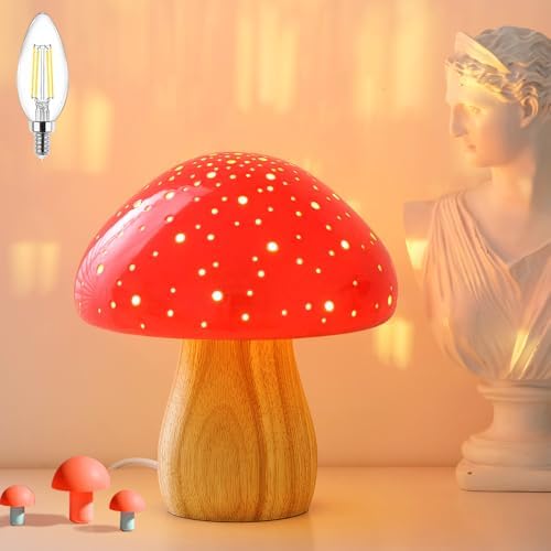 BOHON Mushroom Lamp Ceramic Bedside Table Lamp, Red by BOHON