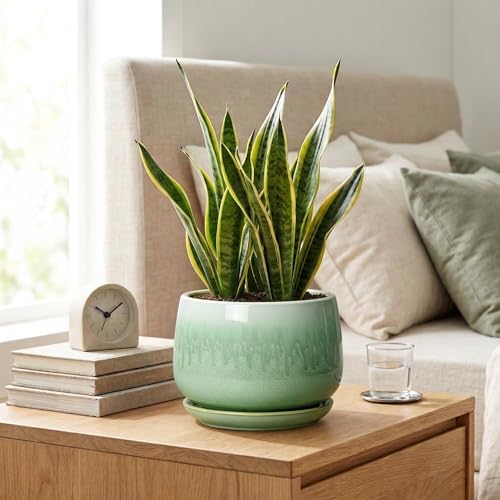 Ceramic Pots for Plants - 7 Inch Planters for Indoor Plants, Round Ceramic Plant Pot with Drainage Hole and Saucer, Decorative Planters, Rustic Home Decor, Plant Gifts for Women, Green - Image 7