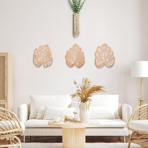 Palm Leaves Wood Wall Decor , 3Pcs Tropical Wall Art Jungle Decor, Wooden Natural Leaves Plant Wall Decor, Vintage Tropical Plant Plaque for Home Living Room Kitchen Bedroom Bathroom & Garden, Light Brown - Image 2