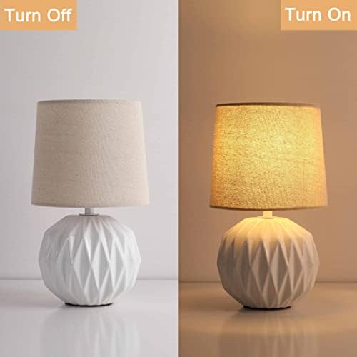 White Ceramic Table Lamp, Geometric Textured Small Bedside Lamp with Linen Shade, Mid Century Modern Nightstand Lamp for Bedroom Living Room Reading Room, H 12" x W 6.7", 7W LED Bulb Included - Image 5
