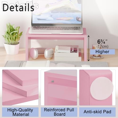 TEAMIX Pink Monitor Stand - 6.7 inch Tall, Wood Riser, Desktop Organizer - Image 5