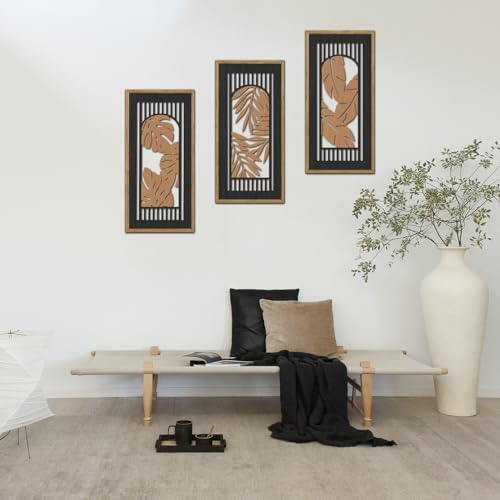 KAIRNE Rustic Tropical Boho Wall Decor,Palm Leaf Wooden Sign for Bathroom,Vintage Leaf Plant Hanging Wood Plaque Bohemian Wall Art Botanical Picture for Living Room Decoration 3 pcs(8x16Inch) - Image 5