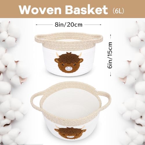 Highland Cow Gift Basket - Small Woven Cotton Rope Organizer Basket for Nursery, Pet Toys & Baby Shower, Foldable Decorative Bin with Handles (7.8x6in) - Image 2