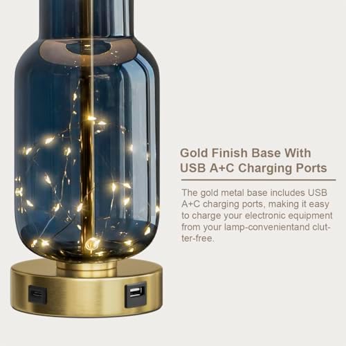 Oneach 22" Glass Table Lamps Set of 2 with LED Nightlight for Bedroom, Blue - Image 6