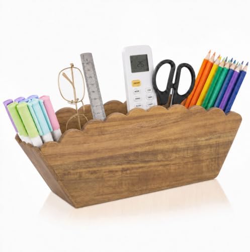 Jetec Scalloped Acacia Pencil Holder, 4 Compartment Wooden Desk Organizer by Jetec