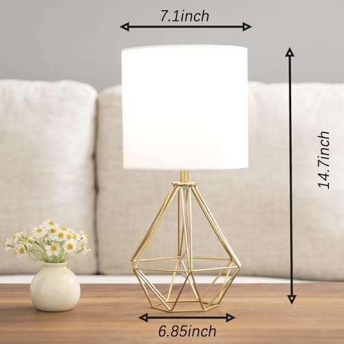Gold Modern Small Table Lamp for Bedroom & Living Room - Geometric Metal Base, White Fabric Shade, Ideal for Bedside & Kids' Desk, Nightstand Lamp - Image 2
