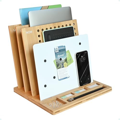 Bamboo Wood Desk Organizer: 3-Tier File Holder, Mail Organizer, Non-Slip Design, Effortless Assembly, Perfect for Desk System by HoffengWell