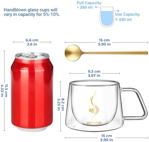 ecooe Double Walled Glass Coffee Mug 12oz Cappuccino Latte Cups Set of 2 - Image 2