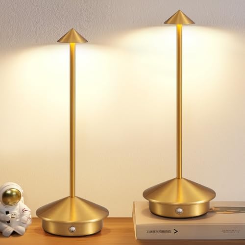 Modern Cordless Table Lamp Set of 2, Gold Portable LED Desk Lamps by NEWSEE