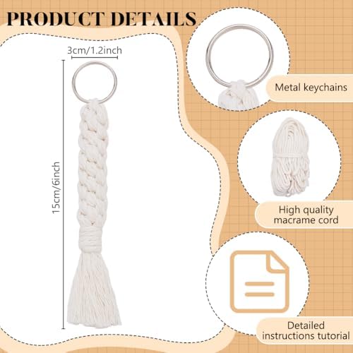 INFUNLY 6 Set DIY Macrame Keychain Kit White Macrame Keychain Kit for Adults Handmade Macrame Cord Knotting Kits with Tassel Mini Handmade Bag Charms Braiding with Instruction for Car Keys Ring - Image 4