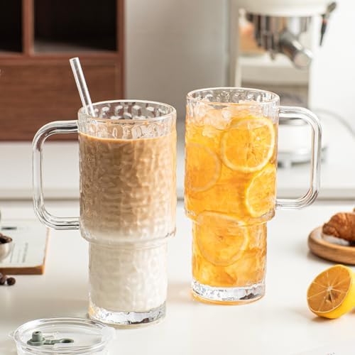 INSETLAN 24 oz Water Ripple Glass Tumbler with Handle and Lid, Set of 2 – Reusable Iced Coffee Cups with Lids, Clear Glass Cups with Straw for Coffee, Smoothies, Tea, Juice – Perfect for any Occasion - Image 3