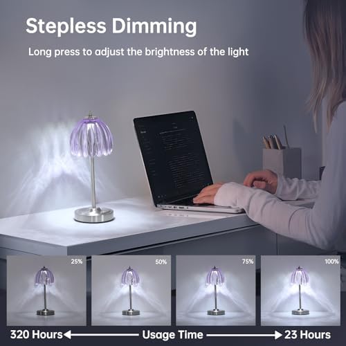Shenmoyl Tulip Table Lamp with 5200mAh Battery & Touch Control, Cordless Small Table Lamp with 3 Colors, Dimmable Rechargeable Table Lamps for Living Room, Bedroom, Desk, Bedside (Clear Purple Tulip) - Image 3