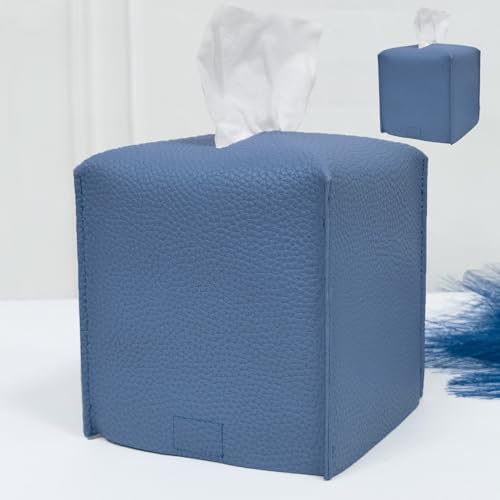 HOMOTEK 2 Pack Tissue Box Cover, Square PU Leather Tissue Holder, Decorative Facial Tissue Cube Paper Organizer Dispenser for Bathroom, Night Stands, Desk, Car 5X5X5'' - Haze Blue, Pebble Grain by HOMOTEK