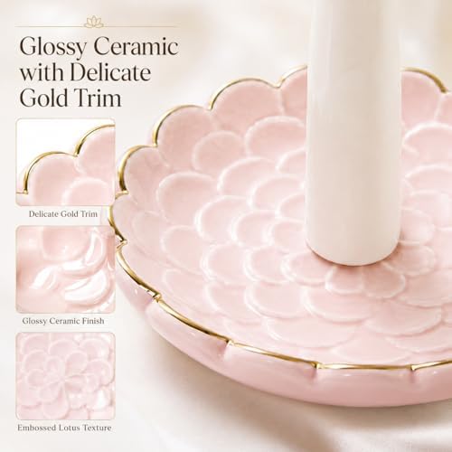 Ceramic Ring Dish Jewelry Tray, Pink Lotus Flower Jewelry Holder with Gold Rim, Decorative Ring Holder for Earrings, Necklace, Bracelet, Vanity, Nightstand, Dresser, Bathroom Counter - Image 4