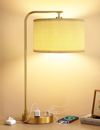 20.7" Gold Table Lamp with USB & Outlet, Fully Dimmable Nightstand Lamp by Innqoo