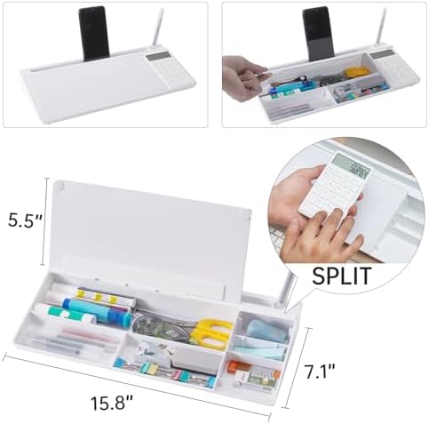 Small Glass Desktop Whiteboard Dry-Erase-Board - Computer Keyboard Stand with Calculator White Board Surface Pad with Drawer, Desk Organizers with Accessories for Office, Home, School Supplies - White - Image 4