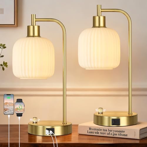 Cream Glass Table Lamps Set of 2, Dimmable Bedside Lamps for Living Room by Qimh