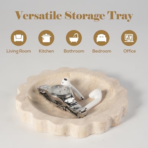 Koville 5.51" Travertine Tray, Natural Stone Trinket Dish for Ring Perfume, Round Scalloped Decorative Tray for Bathroom Vanity Dresser Countertop, Home Table Decor - Image 7