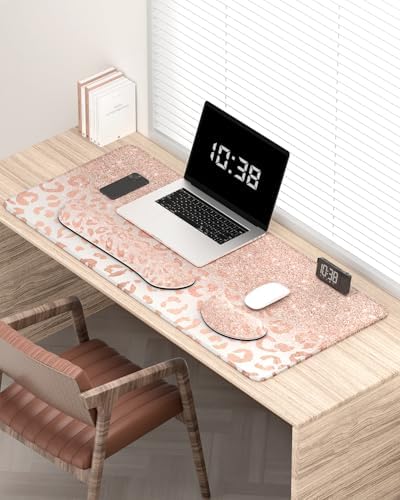 Auhoahsil Large Mouse Pad with Wrist Rests for Keyboard & Mouse, Thick Soft Ergonomic Memory Foam Wrist Supports, Big & Long Desk Mat 35.5 x 15.7 in, for Office Gaming Computer, Pink Gold Leopard - Image 2