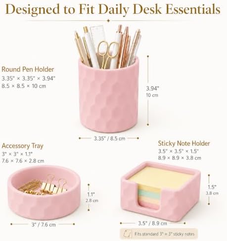 Aesthetic Geometric Silicone Desk Organizer Set of 3,Modern Office Desk Accessories with Round Pen Holder,Paperclip Tray,Sticky Note Holder,Stylish Functional Desk Decor for Home Office(Pink) - Image 7