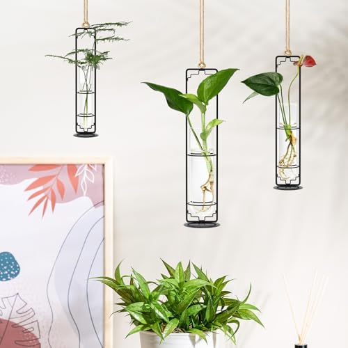 MIPON Metal Hanging Plant Propagation Station,3 Size Glass Test Tube Hydroponic Planter,Boho Wall Hanging Plant Cuttings Holder,Indoor Water Plant Terrarium Tubes for Home Office Window Decor-Black - Image 4