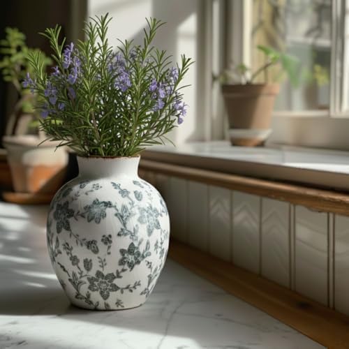 SIDUCAL Ceramic Vintage Vase, 5.83 Inch Retro Ice Cracked Chinoiserie Floral Vase, Rustic Farmhouse Vases for Home Decor, Bookshelf, Garden, Chinoiserie Decor, Tuscan Decor, Gray Floral Pattern - Image 7